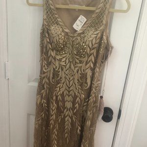 Sue Wong Gold Beaded Cocktail Dress